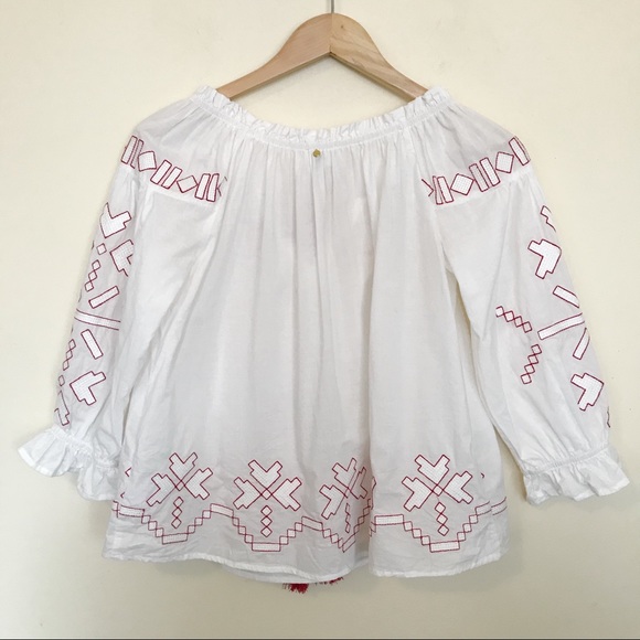 Harlyn Anthro Farina Embroidered Flowy Cotton Boho peasant tassel blouse topS - Picture 7 of 13
